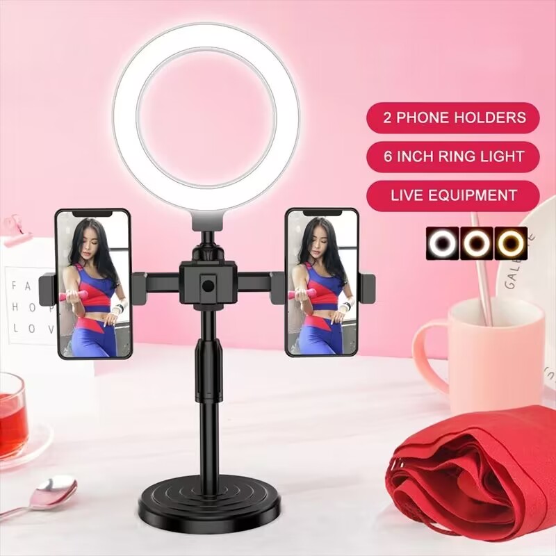 6inch Selfie Ring Light With Tripod Stand 2 Phones Holders Desktop Ring Light for Video Recording Live Broadcast Live Streaming Selfie Makeup Video Photography Selfie Lights