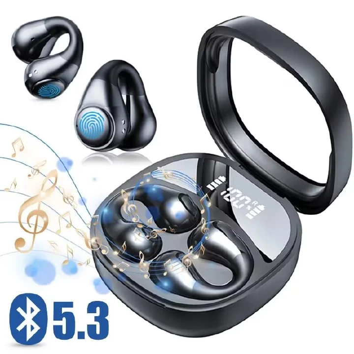 New JR01 Wireless Earpods Clip on Bluetooth Earphones V5.3 Sports Headset Digital Display Ear-clip Earphones with Mic