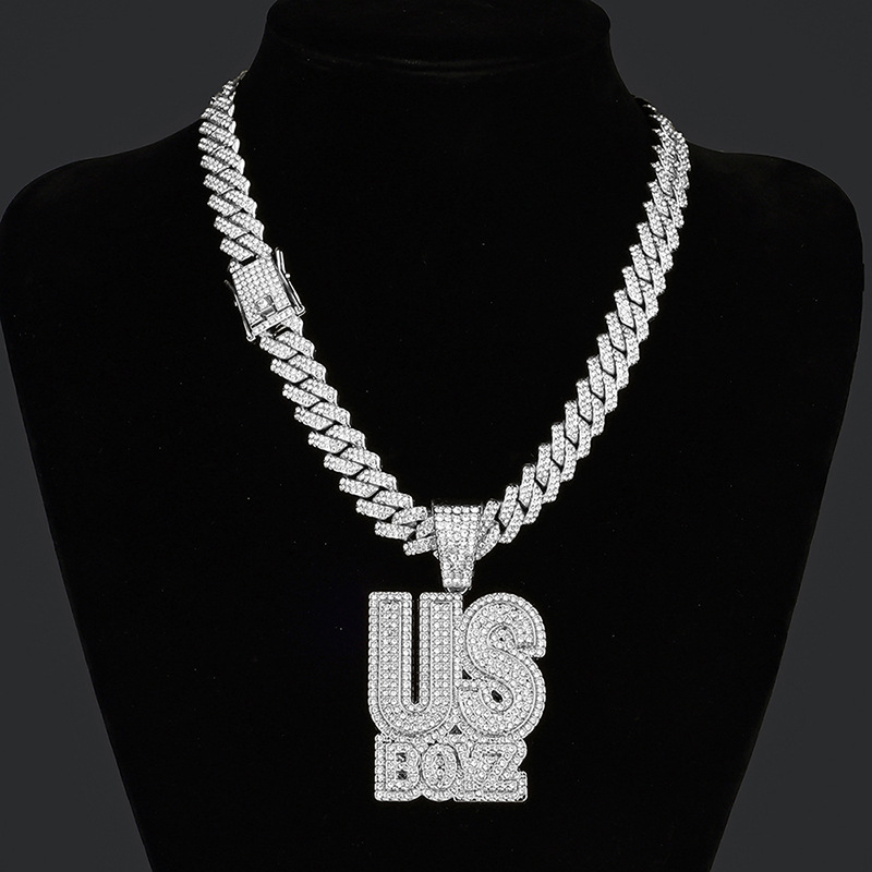 Men's Rhinestone US Boys Letter Pendant Necklace 20inch Iced Out Bling Square Cuban Chain Charm Fashion Hip Hop Fashion Necklaces Men Jewelry Silver Gold Chain