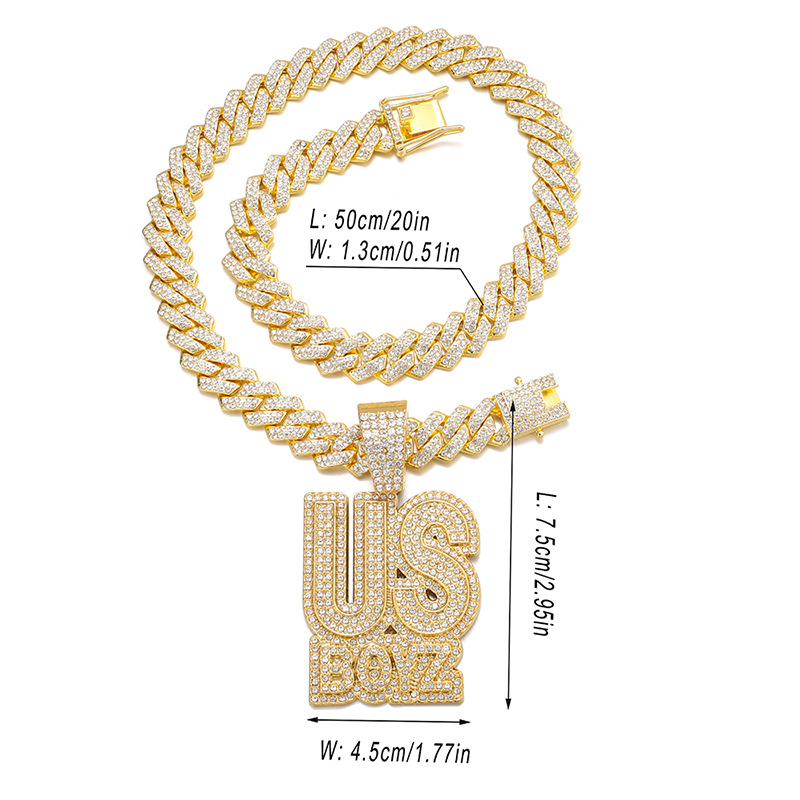 Men's Rhinestone US Boys Letter Pendant Necklace 20inch Iced Out Bling Square Cuban Chain Charm Fashion Hip Hop Fashion Necklaces Men Jewelry Silver Gold Chain