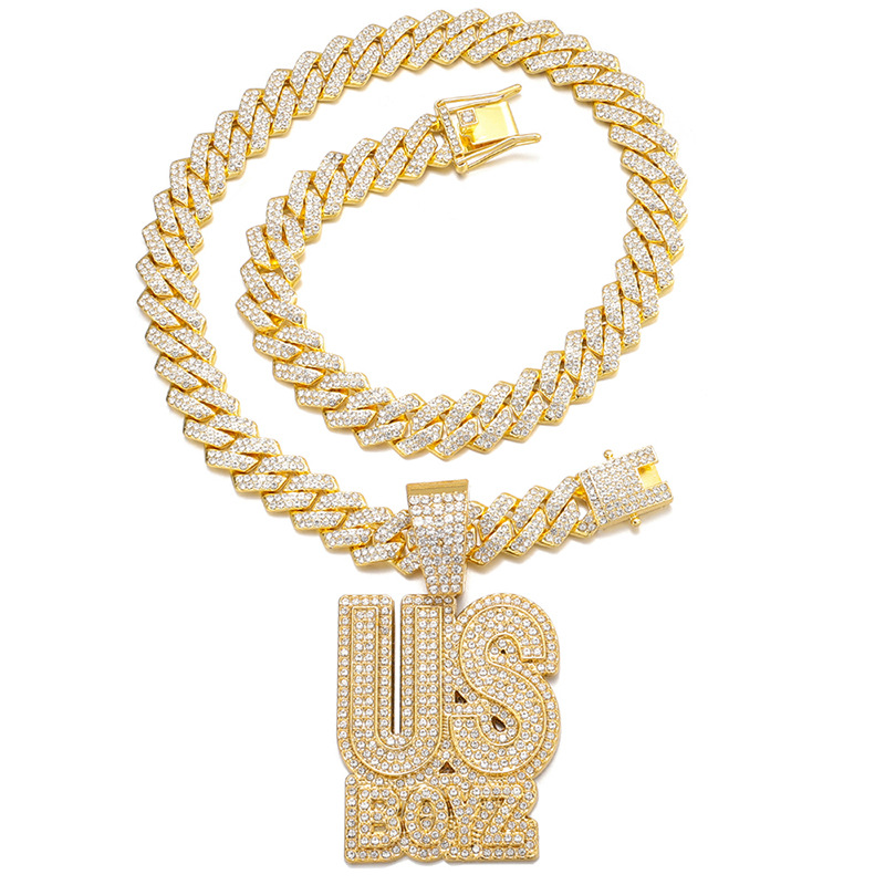 Men's Rhinestone US Boys Letter Pendant Necklace 20inch Iced Out Bling Square Cuban Chain Charm Fashion Hip Hop Fashion Necklaces Men Jewelry Silver Gold Chain