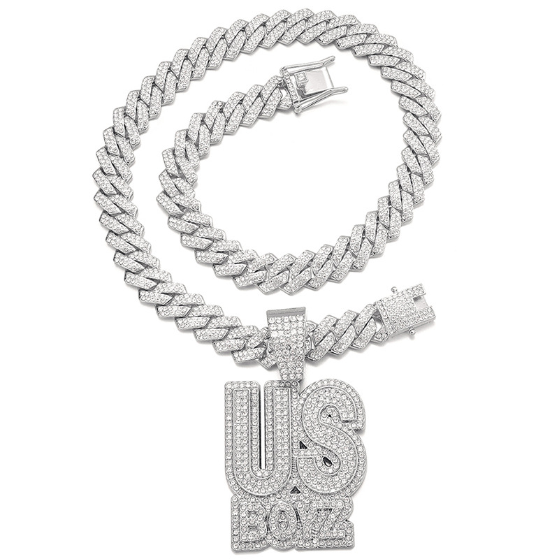 Men's Rhinestone US Boys Letter Pendant Necklace 20inch Iced Out Bling Square Cuban Chain Charm Fashion Hip Hop Fashion Necklaces Men Jewelry Silver Gold Chain