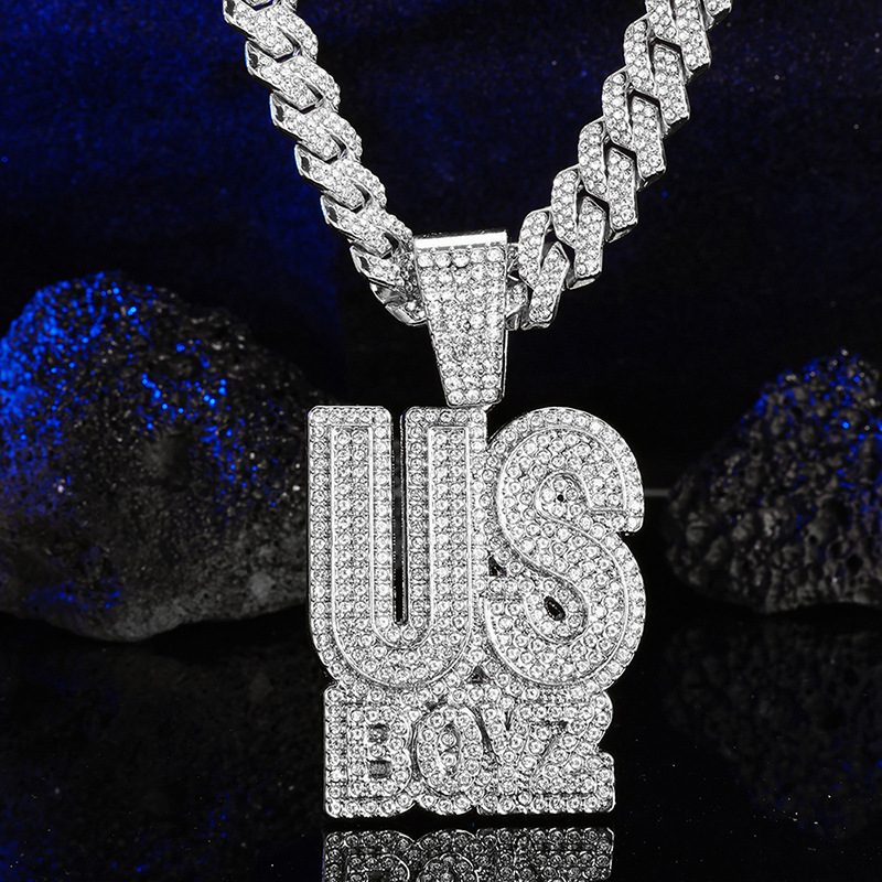 Men's Rhinestone US Boys Letter Pendant Necklace 20inch Iced Out Bling Square Cuban Chain Charm Fashion Hip Hop Fashion Necklaces Men Jewelry Silver Gold Chain