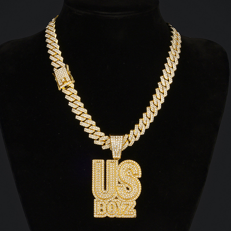 Men's Rhinestone US Boys Letter Pendant Necklace 20inch Iced Out Bling Square Cuban Chain Charm Fashion Hip Hop Fashion Necklaces Men Jewelry Silver Gold Chain