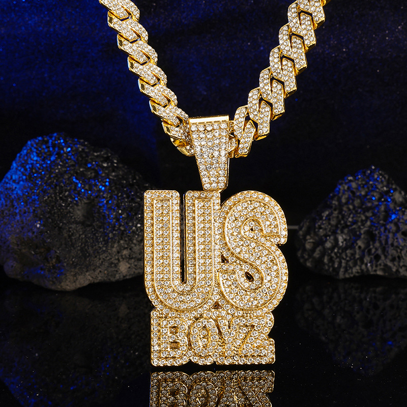 Men's Rhinestone US Boys Letter Pendant Necklace 20inch Iced Out Bling Square Cuban Chain Charm Fashion Hip Hop Fashion Necklaces Men Jewelry Silver Gold Chain