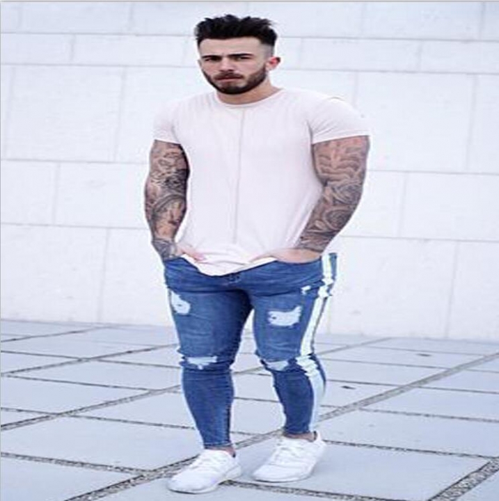 KiliFun Collection NK40 Men's Feet Jeans Trousers Zipper Jeans Side Striped Stretch Denim Slim Pants