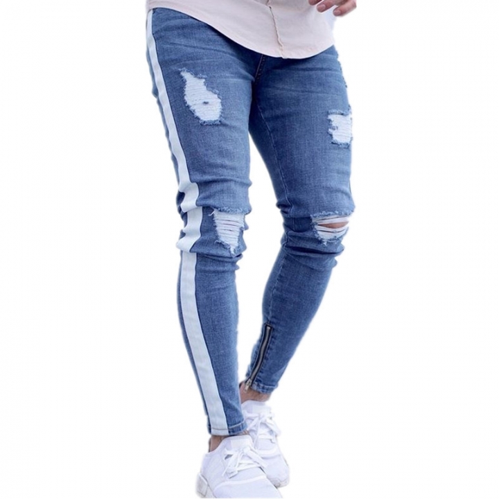KiliFun Collection NK40 Men's Feet Jeans Trousers Zipper Jeans Side Striped Stretch Denim Slim Pants