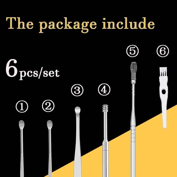 6PCS/Set Stainless Steel Spiral Portable Earpick Spoon Ear Wax Remover Cleaner Ear Care Beauty Tool
