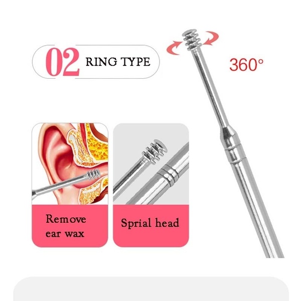 6PCS/Set Stainless Steel Spiral Portable Earpick Spoon Ear Wax Remover Cleaner Ear Care Beauty Tool