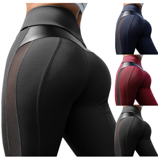Fashion Women's Stretchy Mesh &amp; Leather Patchwork High Waist Tummy Control Sport Yoga Running Pants