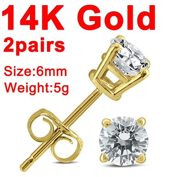 1pc/2pairs 14K Solid Yellow Gold Diamond Stud Earrings For Women Men Jewelry Size: 6mm