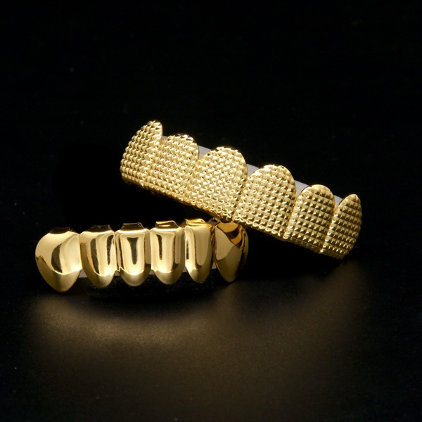 Fashion Hip Hop Men's 6 Top & Bottom False Teeth Grillz Set Bump Lattice Dental Grills