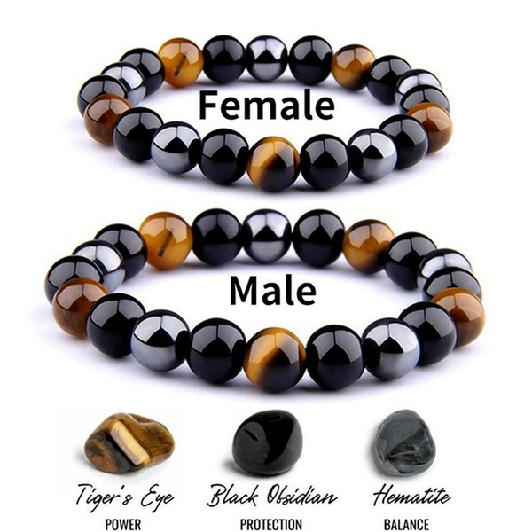 Men's Fashion Tiger Eye Triple Protection Hematite and Black Obsidian Stone Bead