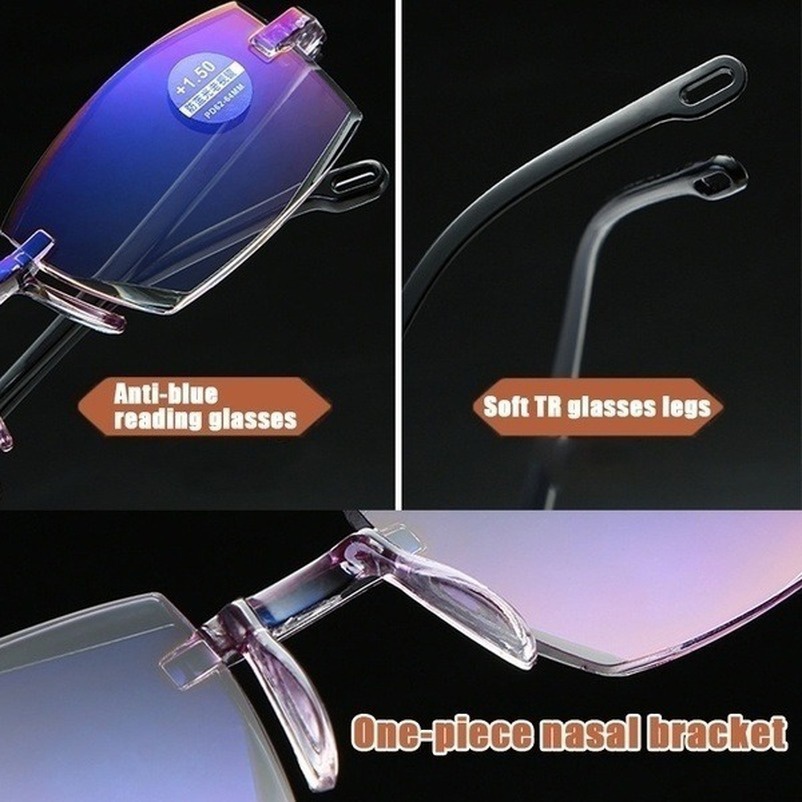 2022 Newest Rimless Diamond-cut Reading Glasses Anti-blue Light and Blue Film Integrated for Women Men Full Degree +1.0 +1.5 +2.0 +2.5 +3.0