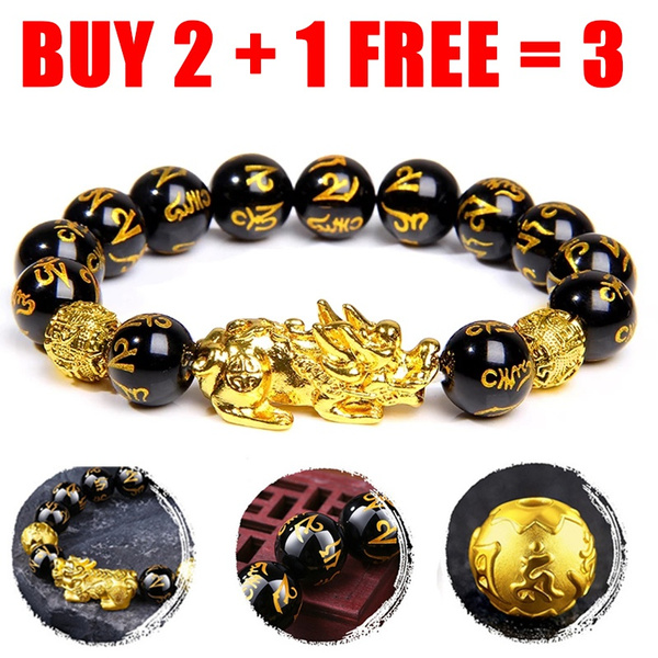 Feng Shui Obsidian Stone Beads Bracelet Men Women Unisex Wristband Gold Black Pixiu Wealth and Good Luck Women Bracelet