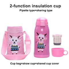 Vacuum Flask insulated water Bottles 600ML ual-purpose Straw cup type+Shared cup type Add Backable water cool cover Infant grade material health and safety Pink 600ml