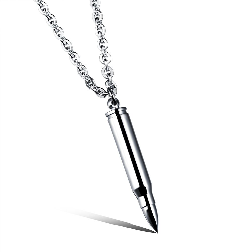 Mens Punk Stainless Steel & Alloy Silver Bullet Pendant Necklace Chain Gift