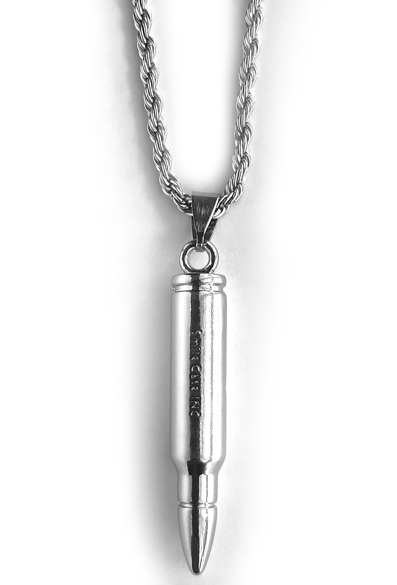 Mens Punk Stainless Steel & Alloy Silver Bullet Pendant Necklace Chain Gift