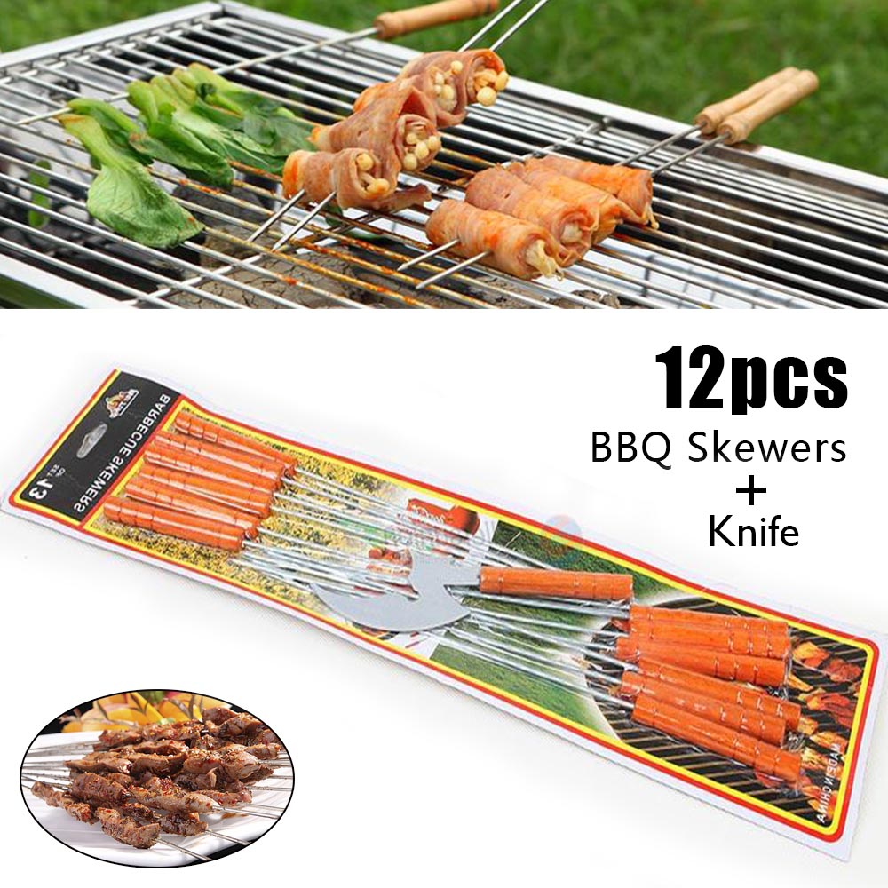 12pc Barbecue Skewers Twisted BBQ Metal Kebab Sticks + Knife Set
