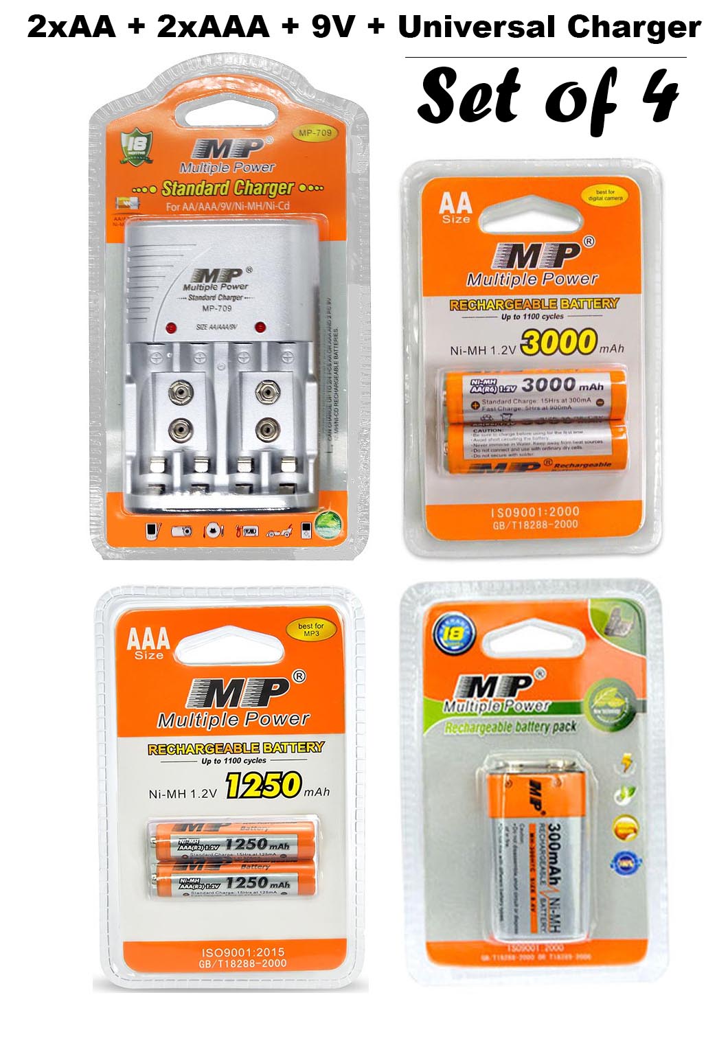 2pcs AAA + 2pcs AA + 9V Batteries + Multi-Charger - Set of 4