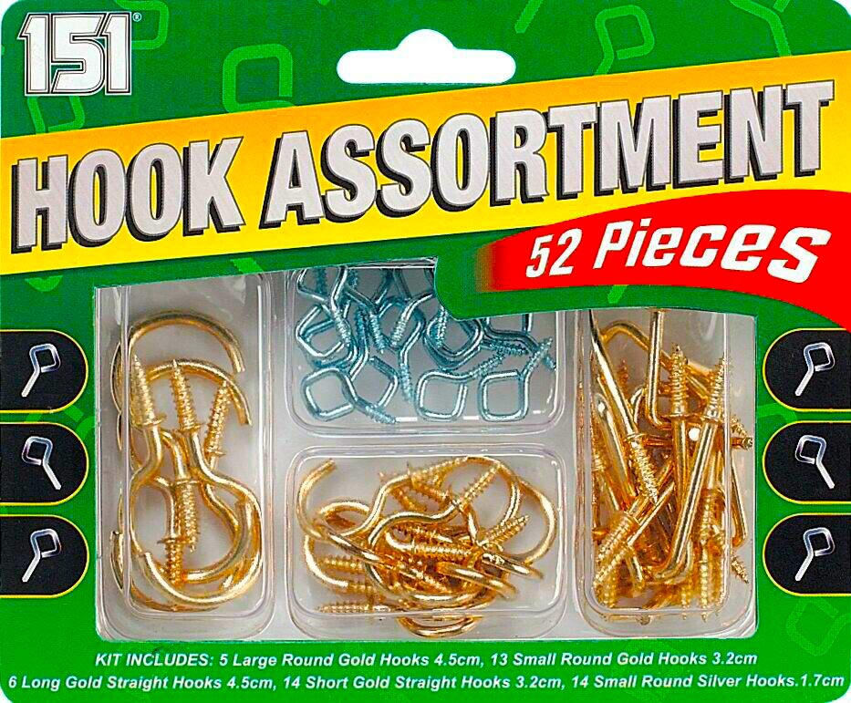 52 Piece Hook Set Assorted Hat Coat Cup Hanging Eye Hooks DIY Screw Kit - Made in UK