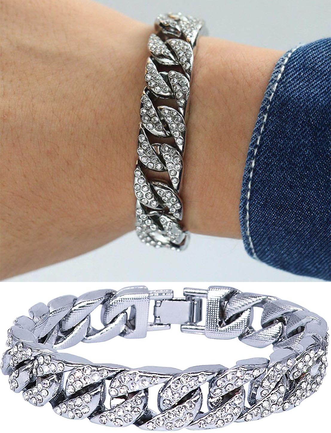 Men&apos;s Silver Iced Out Diamond Wrist Hand Chain Link Bracelet
