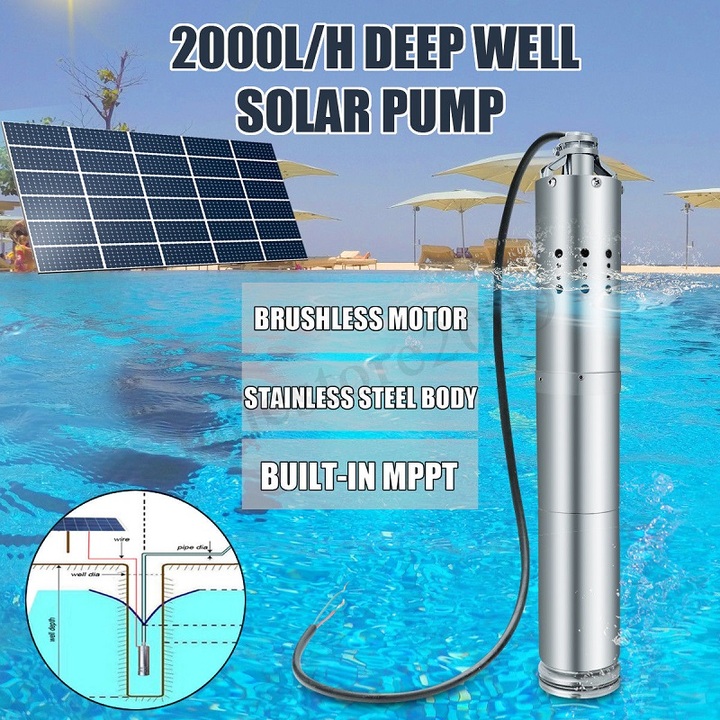 DC24V, head 40m, brushless stainless steel solar water pump, submersible deep well with built-in MPPT controller for agricultural irrigation