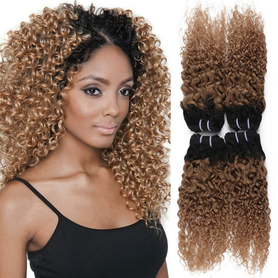T1B/30 Kinky Curly Hair Brown Ombre 100% Human Hair Extensions 4 Bundles Non-Remy Hair Weave Bundles
