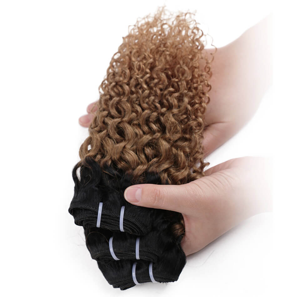 T1B/30 Kinky Curly Hair Brown Ombre 100% Human Hair Extensions 4 Bundles Non-Remy Hair Weave Bundles