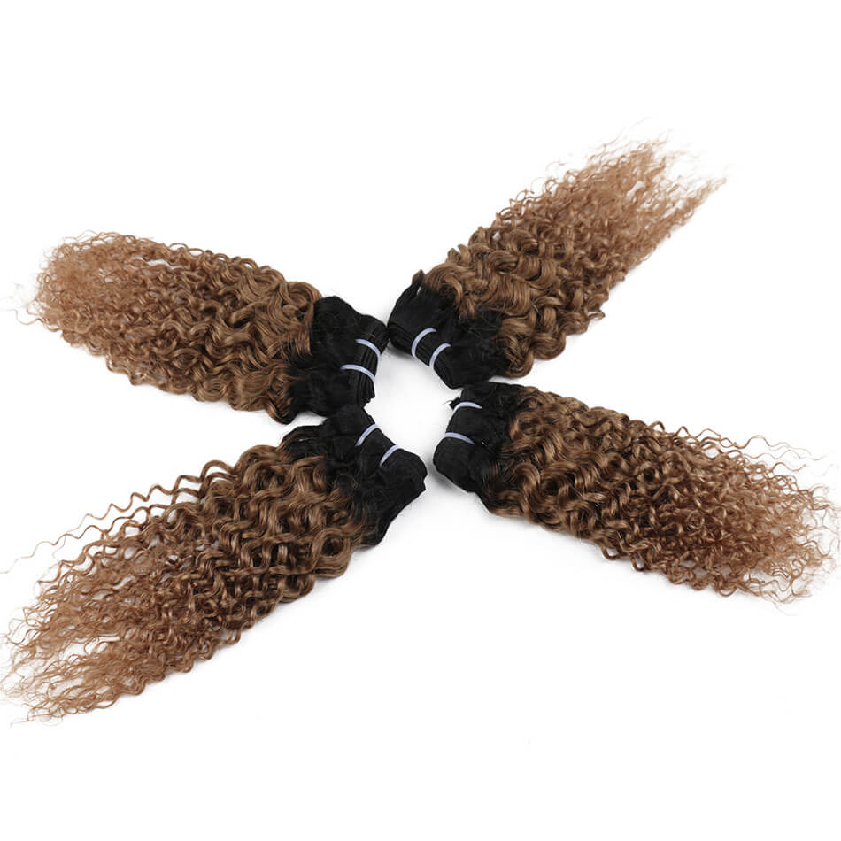 T1B/30 Kinky Curly Hair Brown Ombre 100% Human Hair Extensions 4 Bundles Non-Remy Hair Weave Bundles