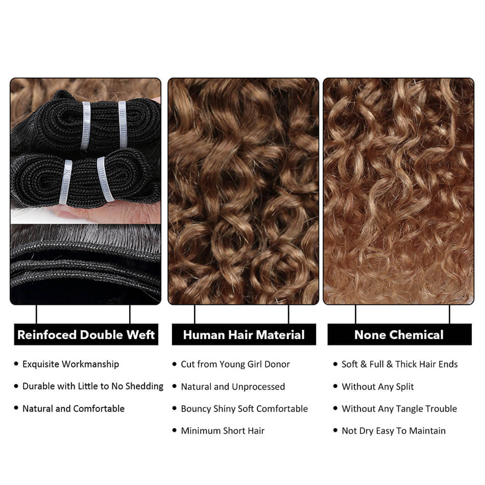 T1B/30 Kinky Curly Hair Brown Ombre 100% Human Hair Extensions 4 Bundles Non-Remy Hair Weave Bundles