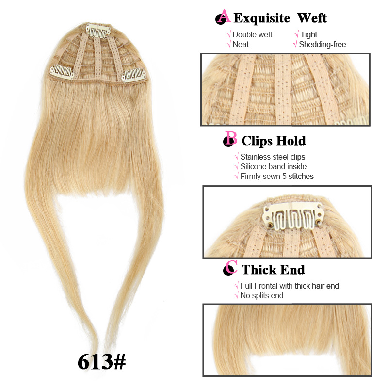BHF Human Hair Bangs 8inch 20g Front 3 clips in Straight Remy Natural Human Hair Fringe All Colors
