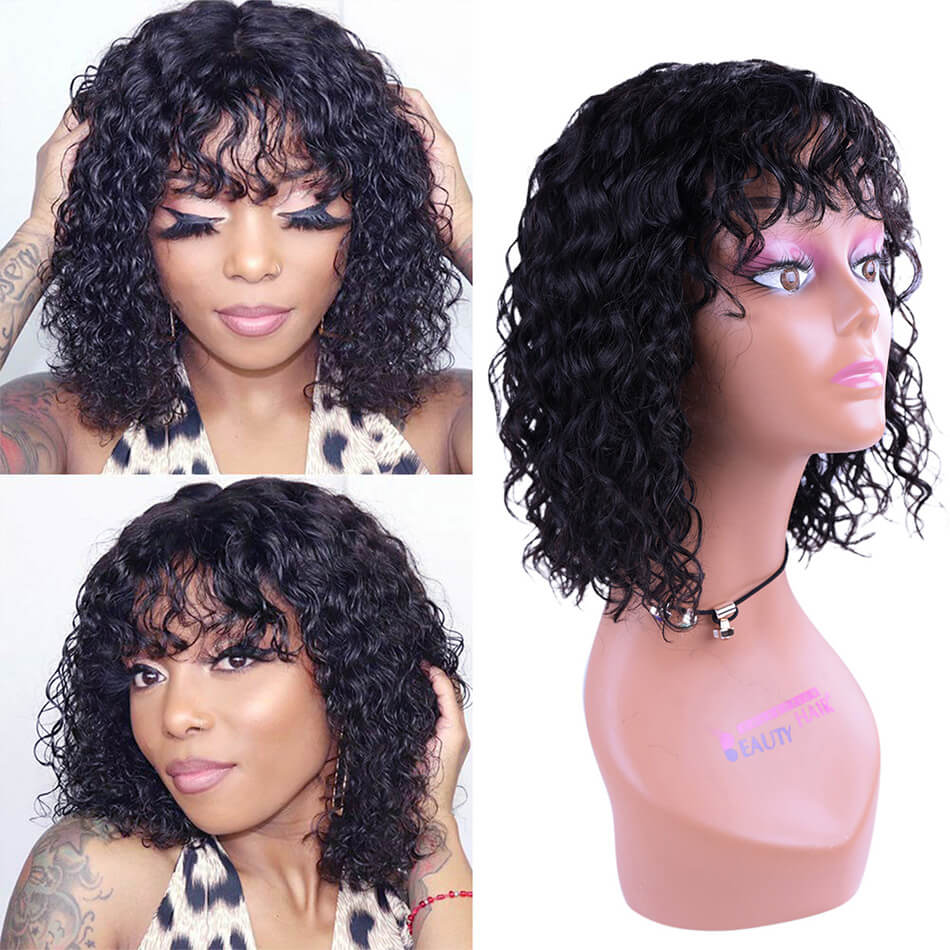 Brazilian Water Wave Short BoB Wigs Human Hair Wig with Bangs None Lace Machine Made Wig Black Color