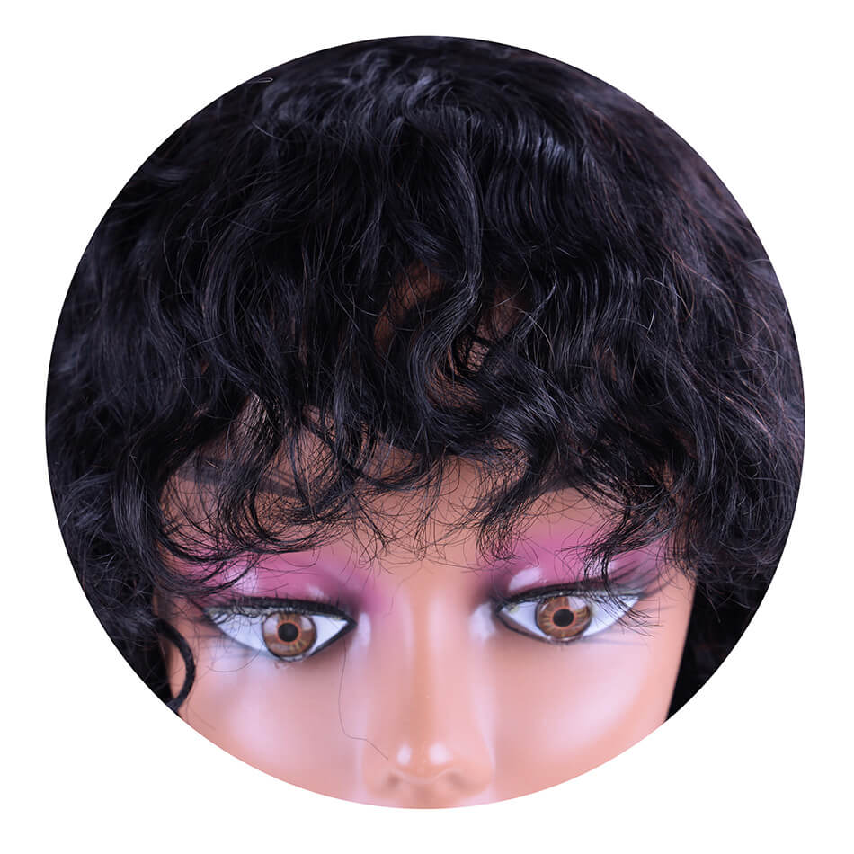 Brazilian Water Wave Short BoB Wigs Human Hair Wig with Bangs None Lace Machine Made Wig Black Color