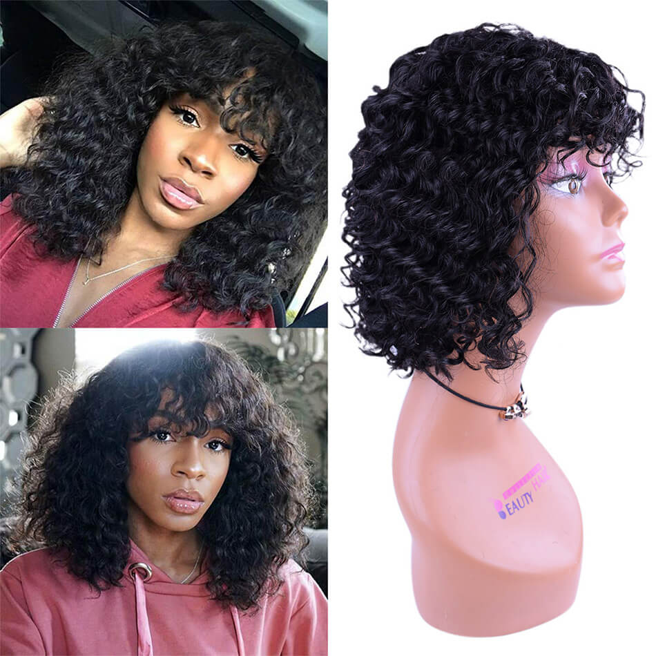 BHF Deep Wave Bobo Wig With Bangs 8-14inch 100% Human Hair Wigs Curly Wig For African Woman