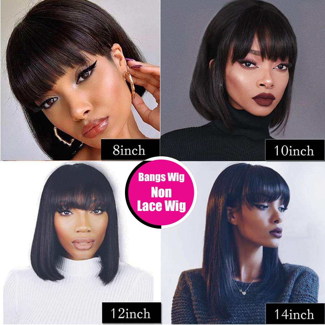 Short Bobo Wigs With Bangs 100% Brazilian Human Hair Wig 8&apos;&apos;-14&apos;&apos; No-Lace Wig 4 Style In Stock