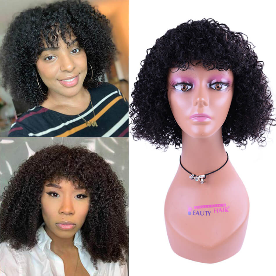 BHF Short Curly Bobo Wigs With Bangs 100% Brazilian Human Hair Wig 8&apos;&apos;-14&apos;&apos; No-Lace Wig Black Color