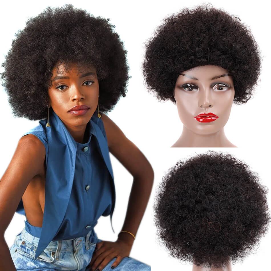 Afro Kinky Curly Wigs Short Fluffy Hair Wigs Kinky Curly 100% Human Hair Wig For Party Dance Cosplay Wigs