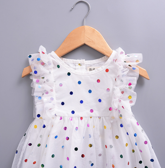 Children Girls Fashion Colorful Dot Sleeveless Ruffles White Dresses Grenadine Ball Gown Dresses