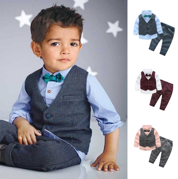 3psc Kids Clothes Suit Solid Color Boy Vest + Long-sleeved Shirt + Gentleman Trousers Three-piece Suit