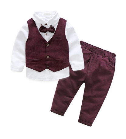 3psc Kids Clothes Suit Solid Color Boy Vest + Long-sleeved Shirt + Gentleman Trousers Three-piece Suit