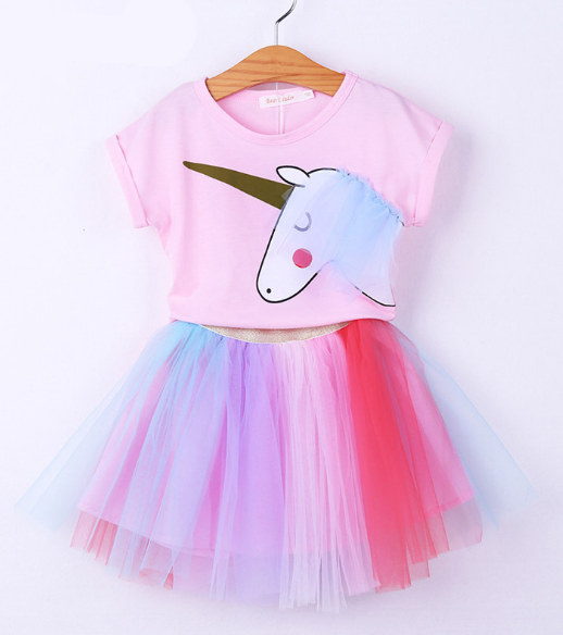 New Children Skirt Girls Color Skirt Mesh Puff Princess Dresses Unicorn Suit