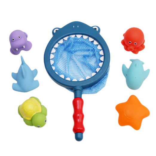 7PCS Fishing Toys Network Bag Pick Up Kids Toy Swimming Paly Water Bath Doll Water Spray Bath Toys