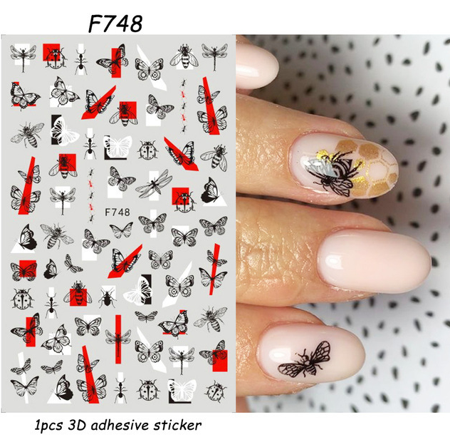 5PCS 3D Butterfly Nail Stickers Gold Geometric Flower Decals Manicure Decoration Black White Color Health Beauty Personal Care Nail Tools