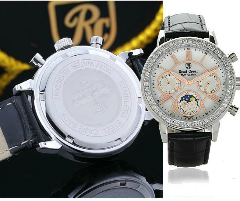 RoyalCrown quartz watches luxury Ladies Leather Straps Rhinestone Watches Women Classcal stainless Waterproof Calendar Fashion Luxurious Business Office Lady birthday gift watch elegant jewelry formal
