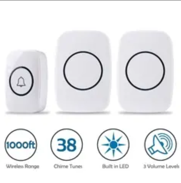 LED 3 Volume 1000FT Wireless Doorbell 38 Chime [2 Plugin Receiver+1 Transmitter]