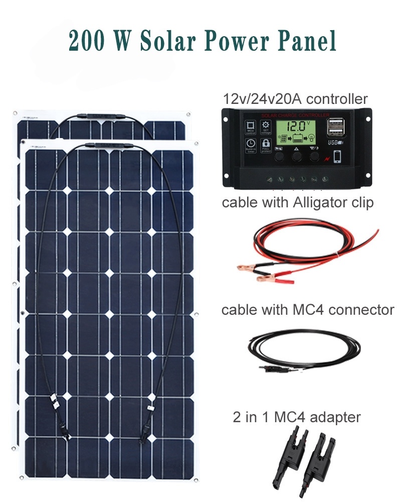 200W Solar Panel System 2Pcs 100W Flexible Solar Panels 20A Solar Controller Connector