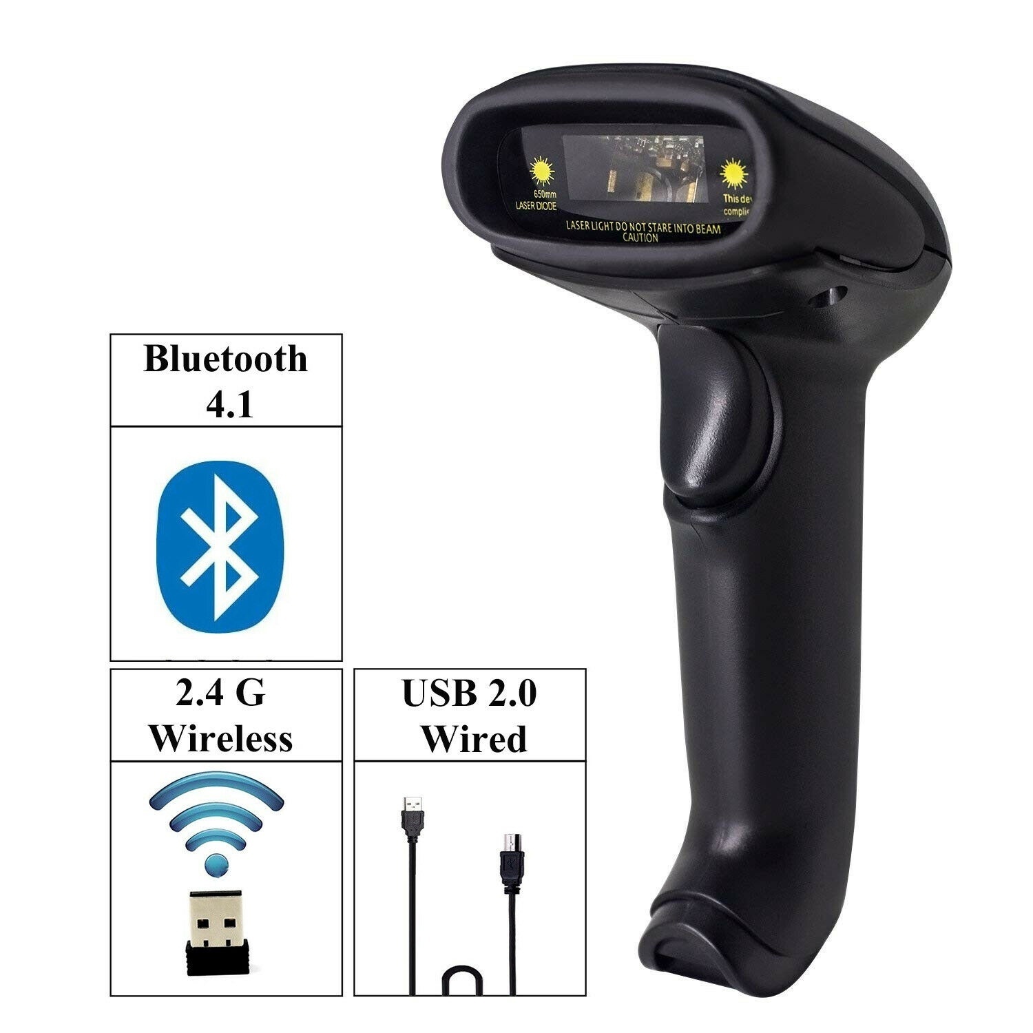 New Wireless Bluetooth 2.4G Barcode Scanner Handheld USB Receiver Laser Rechargeable