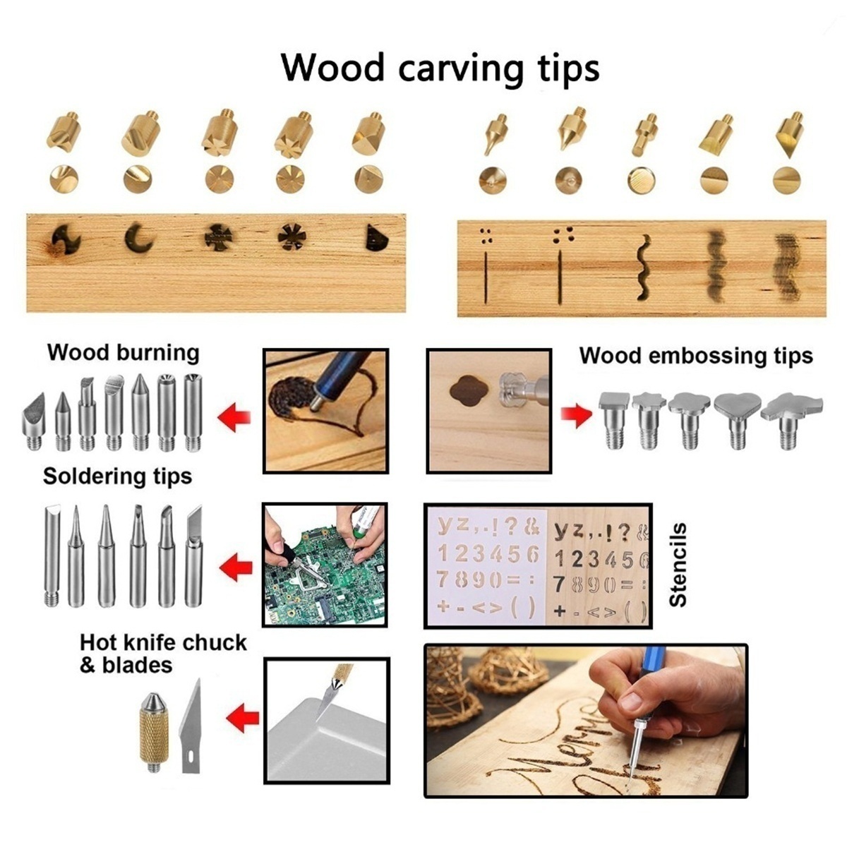 48pcs Wood Burning Pen Set Tips Stencil Soldering Tools Pyrography Crafts Kit