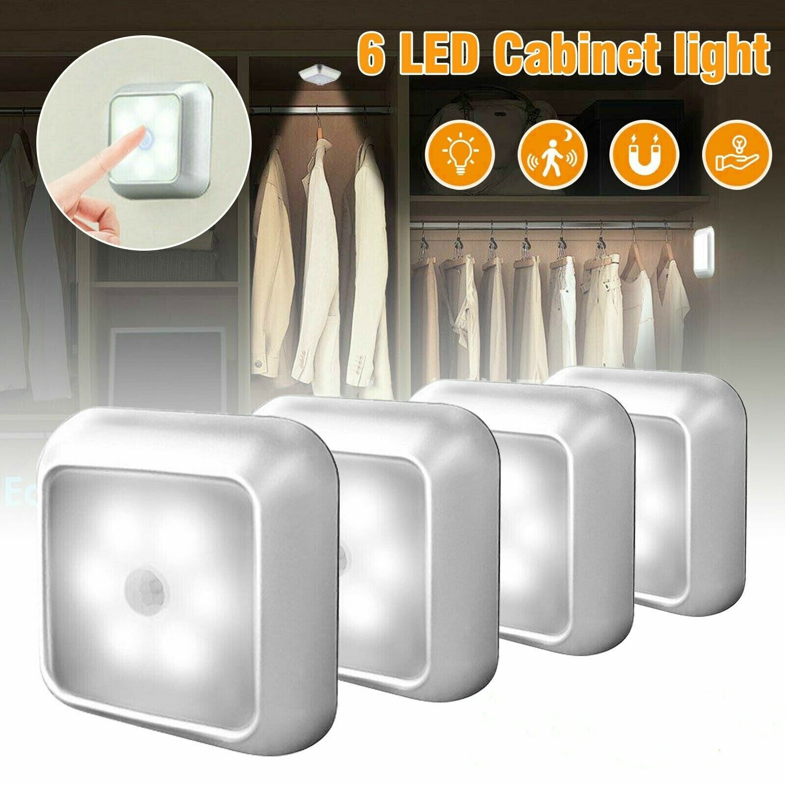 2021 NEW Motion Sensor 6 LED Night Light Wall Closet Cabinet Stair Wireless White Lamp A+